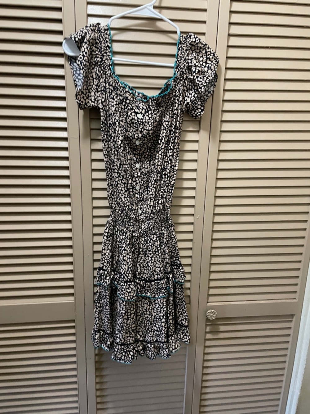 TAJ by Sabrina Crippa Black and ivory Printed Mini Dress with Teal Trim